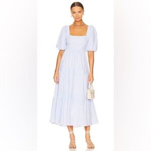 NWOT MINKPINK Milani Tiered Midi Dress Blue white Stripe Seersucker sz XS